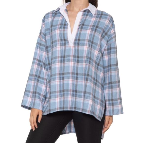 Free People Blue Plaid Sunday Morning Sleep Shirt Sz M - Picture 1 of 14